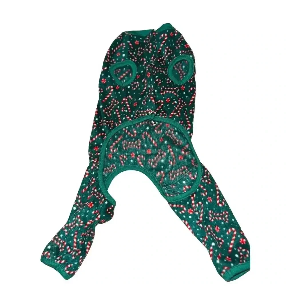 FuzzYard Dog Christmas footless long Pajamas Green Candy Cane Pattern S